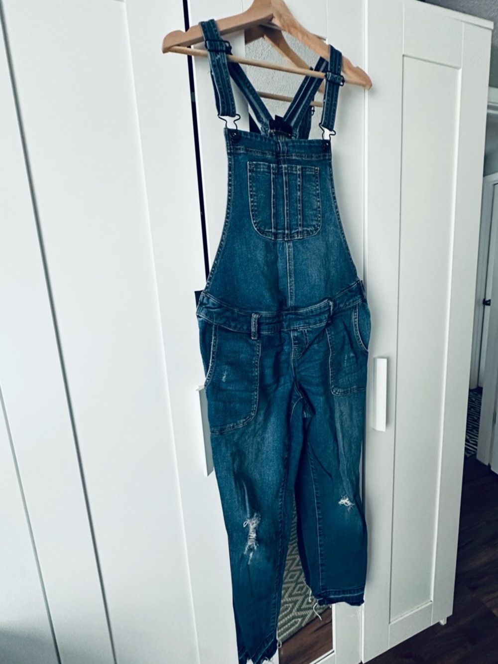 Indigo Blue Maternity Denim Overalls - Medium Wash Blue Distressed